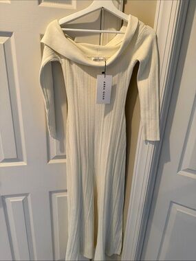 Anna Quan Cream Off-Shoulder Ribbed Maxi Dress